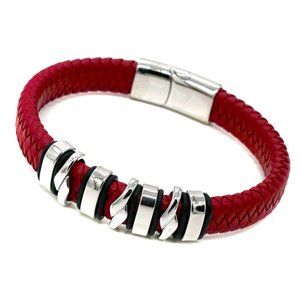Men's red leather bracelet with magnetic clasp.